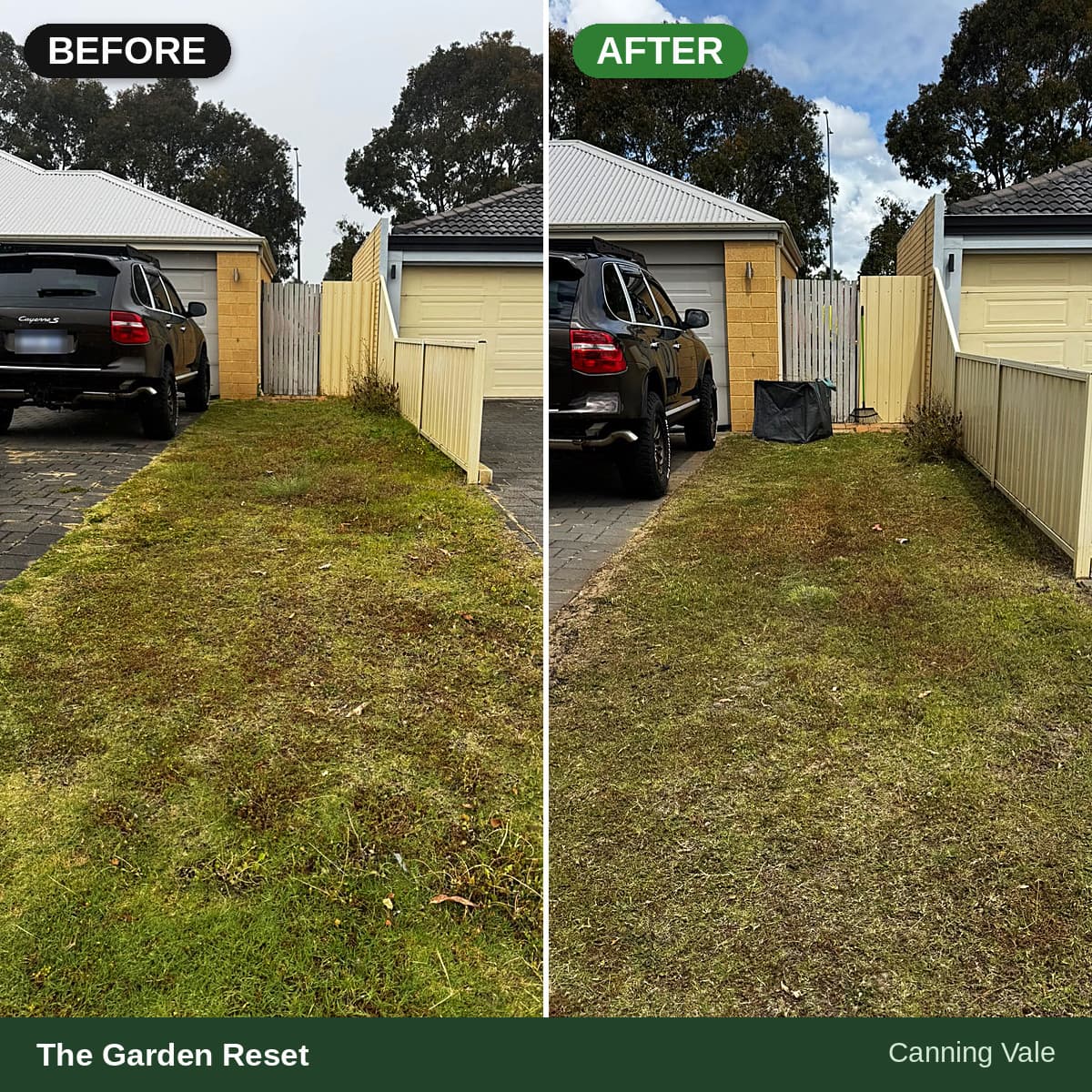 Before and after at 20 Quenda Drive, Canning Vale โ overgrown lawn transformed into a neatly mowed yard